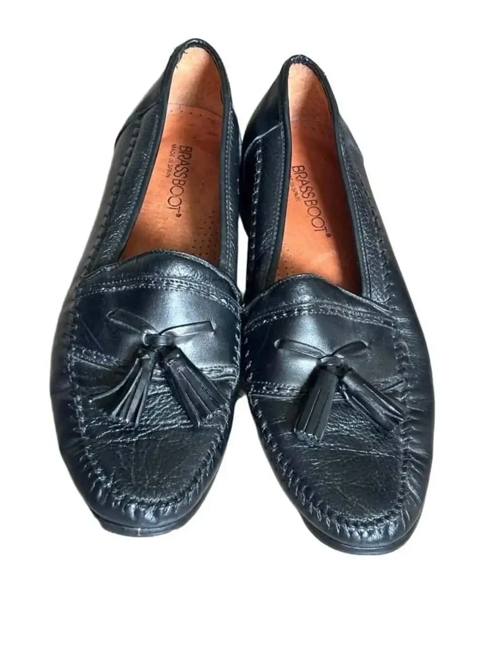 Brass Boot Tassel Loafers Size 10 Black Leather Slip On Shoes